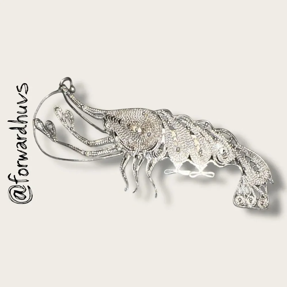 Antique 900 Silver Filigree Shrimp Brooch – Handcrafted – C-Clasp